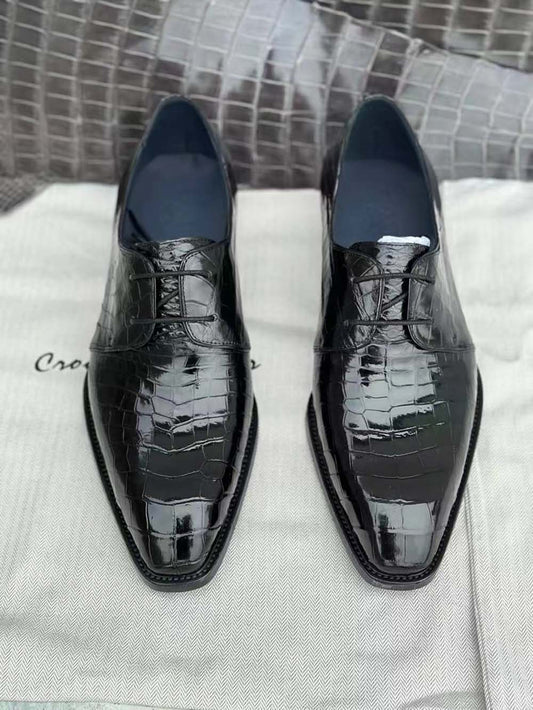 Crocodile Shoes Mens Crocodile Leather Business Lace Up Dress Shoes Black