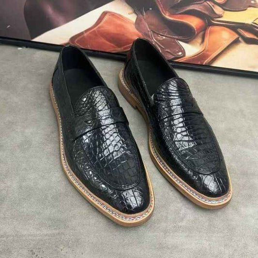 Crocodile Shoes, Men's Crocodile Leather Slip-On Loafer Shoes Black