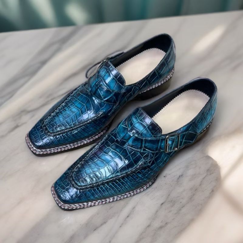Rossie Viren crocodile leather vintage dress shoes with Norwegian sewn side buckle design, crafted from luxurious crocodile leather.