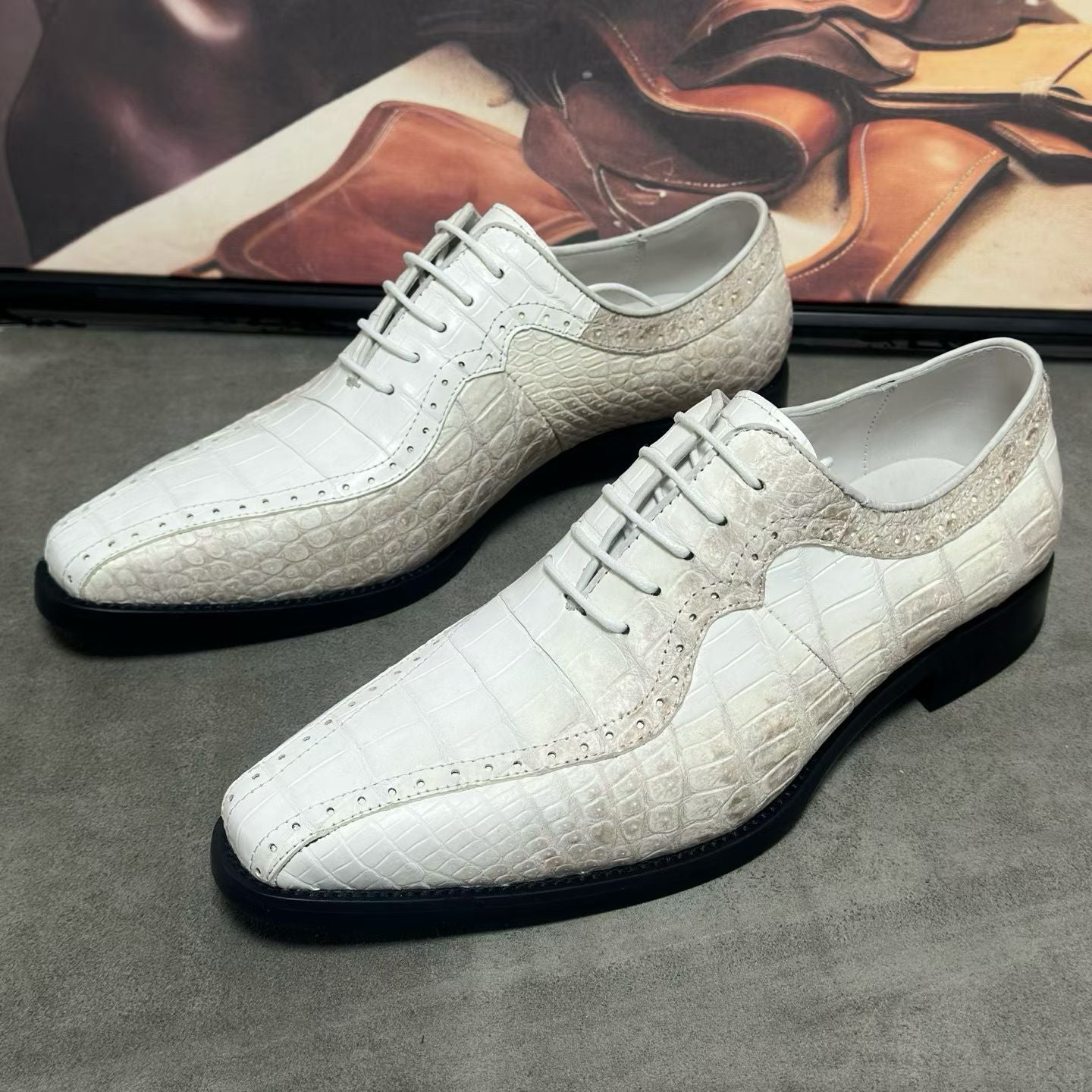 Crocodile Shoes, Men's Himalaya White Crocodile Leather Lace Up Business Dress Shoes