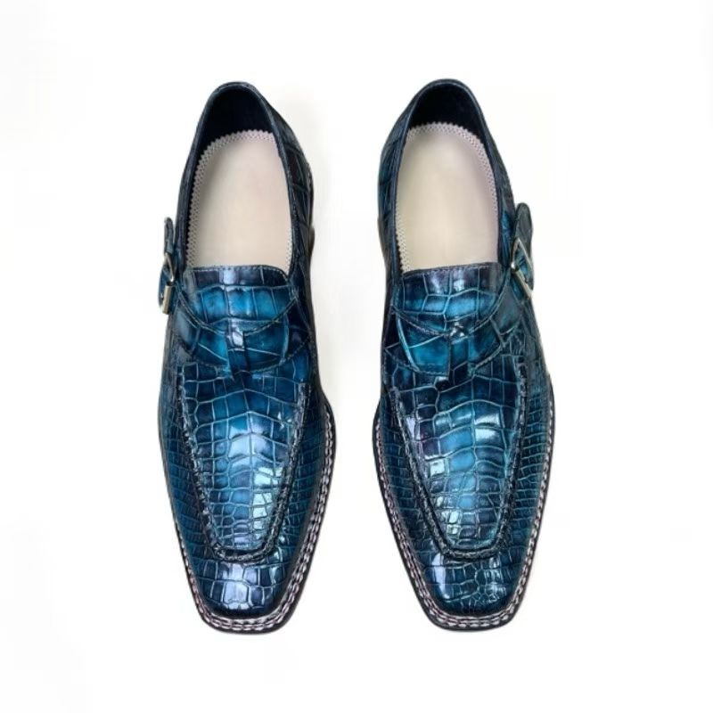 Vintage Rossie Viren crocodile leather dress shoes with Norwegian sewn side buckle detail, showcasing high-quality crocodile texture.