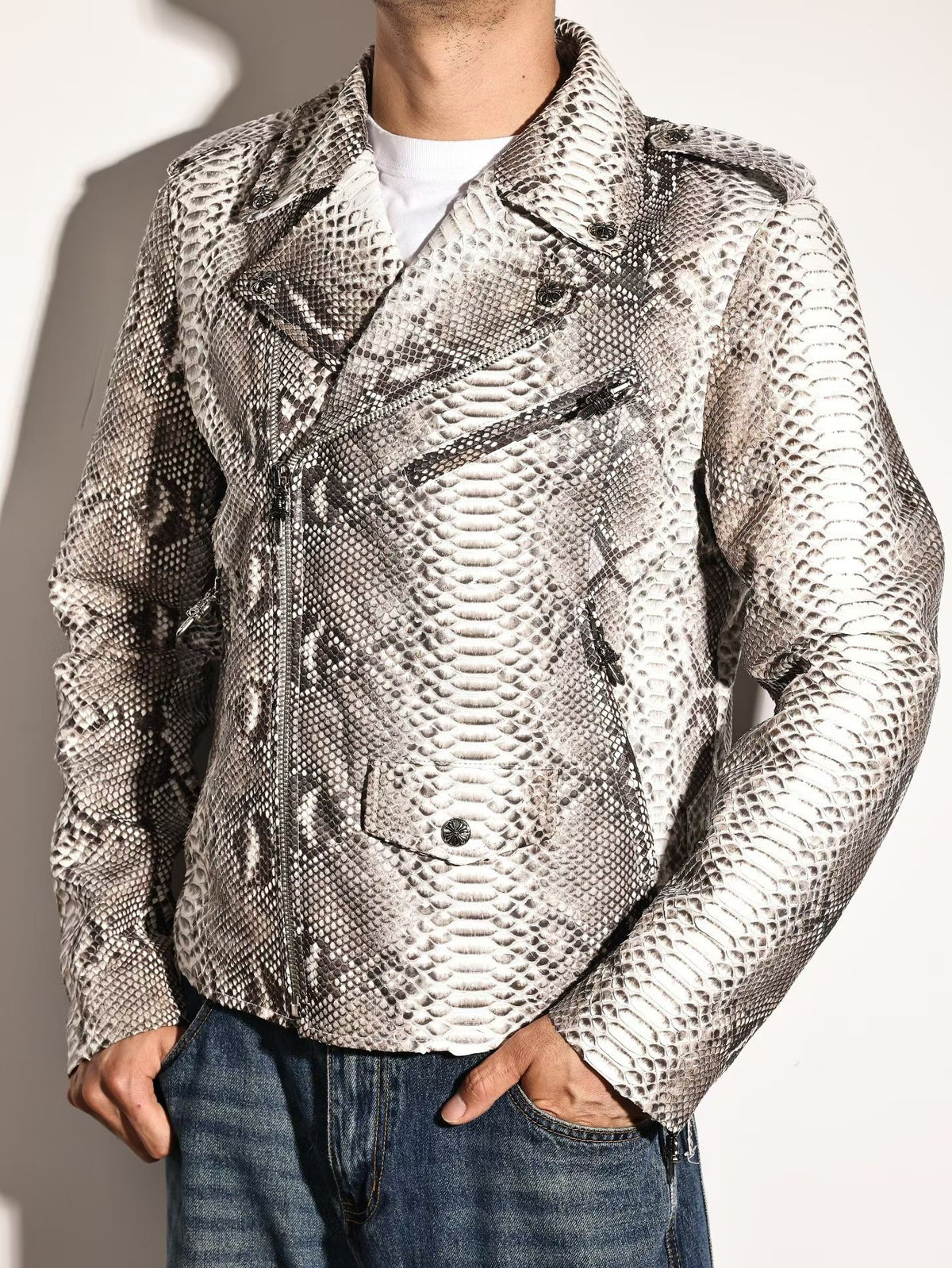 Python Leather Jacket , Mens Python Skin Leather Slim Fit Motorcycle Bomber Biker Jacket