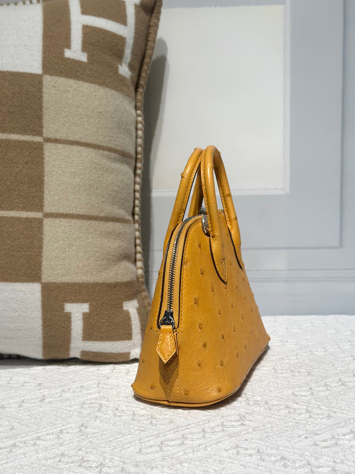 Genuine Ostrich Skin Leather Mini Bowling Top Handle Bag Amber Yellow