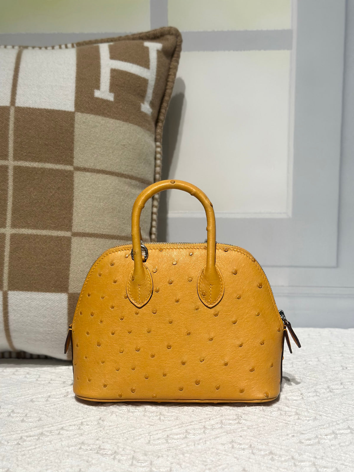 Genuine Ostrich Skin Leather Mini Bowling Top Handle Bag Amber Yellow