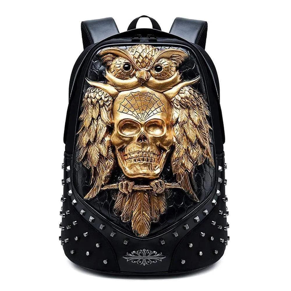 Studded 3D happy skull with bat design on Rossie Viren unisex fashion backpack, featuring a computer bag style with edgy animal motifs.