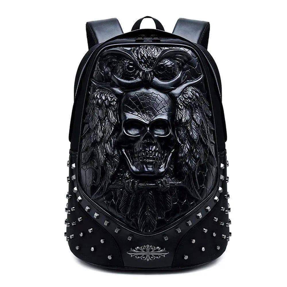 Unisex 3D backpack by Rossie Viren featuring a studded happy skull with bat design, ideal for fashion-forward computer carrying.
