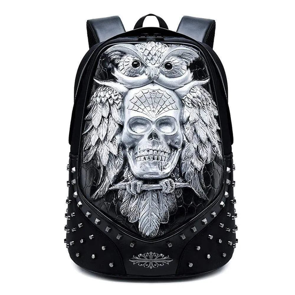 Studded 3D happy skull with bat design on Rossie Viren unisex fashion computer backpack featuring animal motifs and stud embellishments.