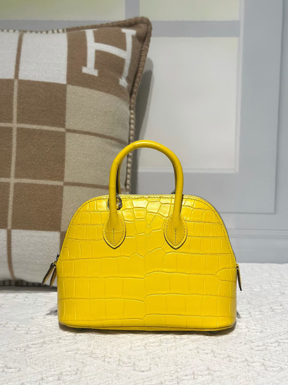 Genuine Crocodile Leather Mini Bowling Top Handle Bag Yellow