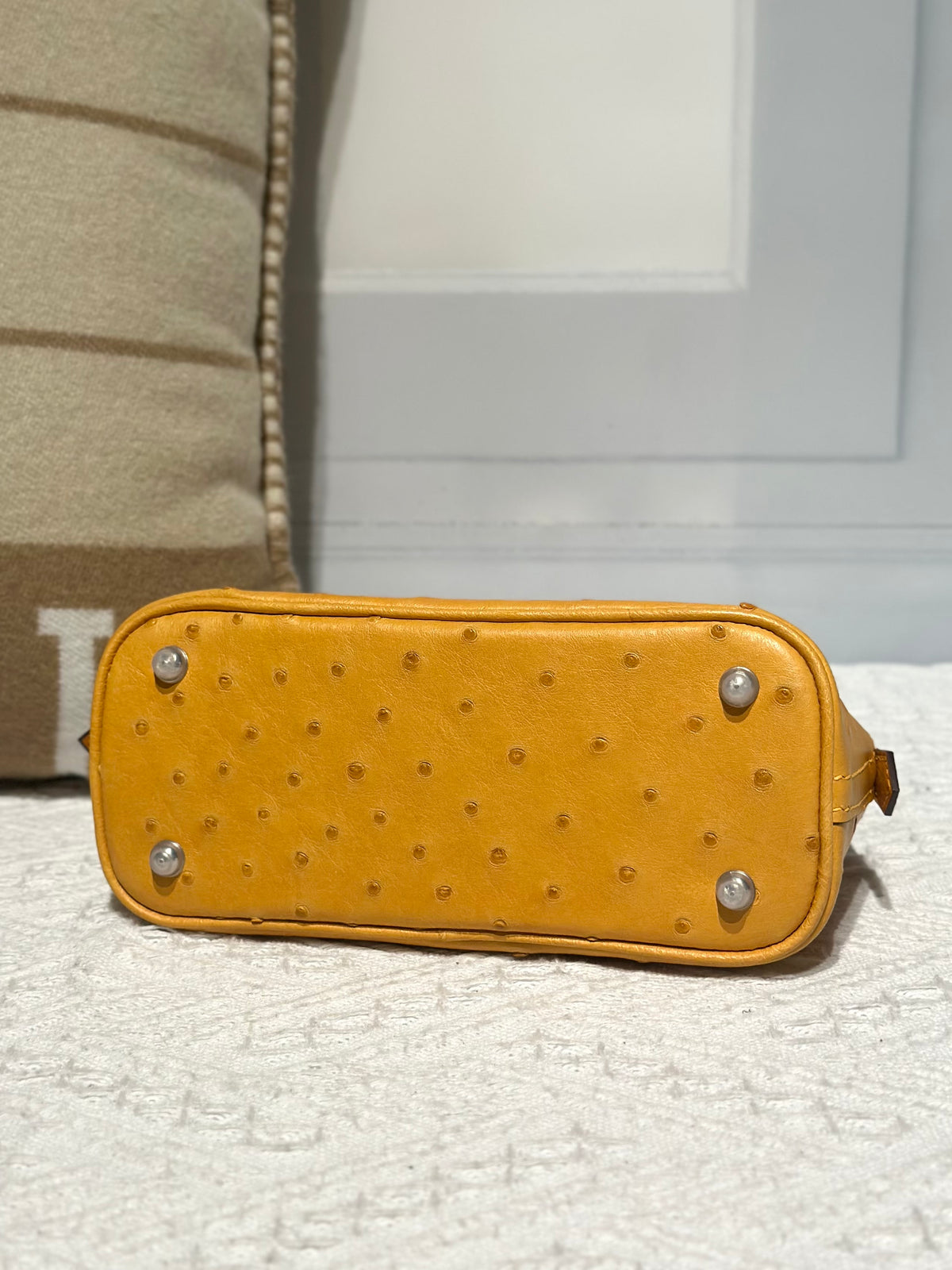 Genuine Ostrich Skin Leather Mini Bowling Top Handle Bag Amber Yellow