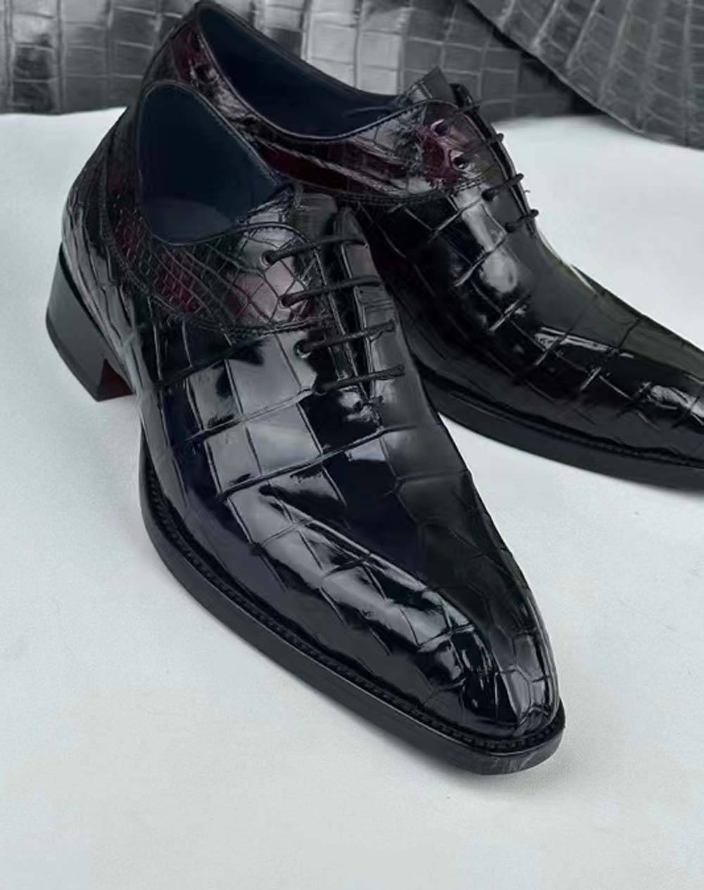 Rossie Viren men's vintage wine red crocodile leather dress shoes with lace-up design, suitable for business and formal wear.