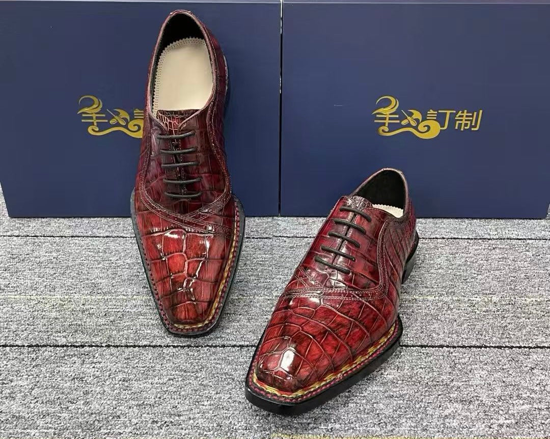 Crocodile Shoes, Men's Vintage Wine Red Norwegian Lace-Up Business  Shoes