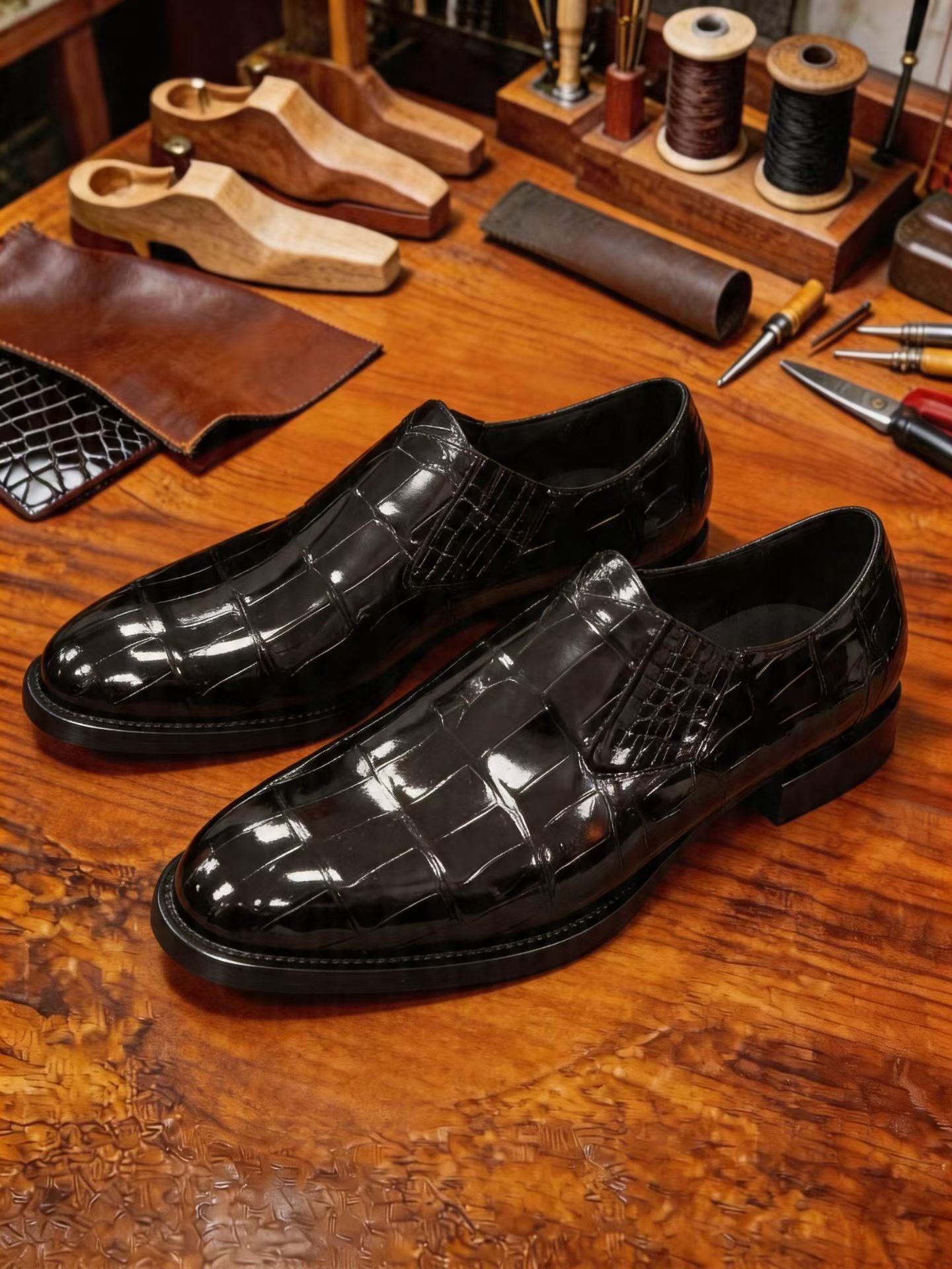 Crocodile Shoes Men's Crocodile Leather Loafer Dress Shoes Black
