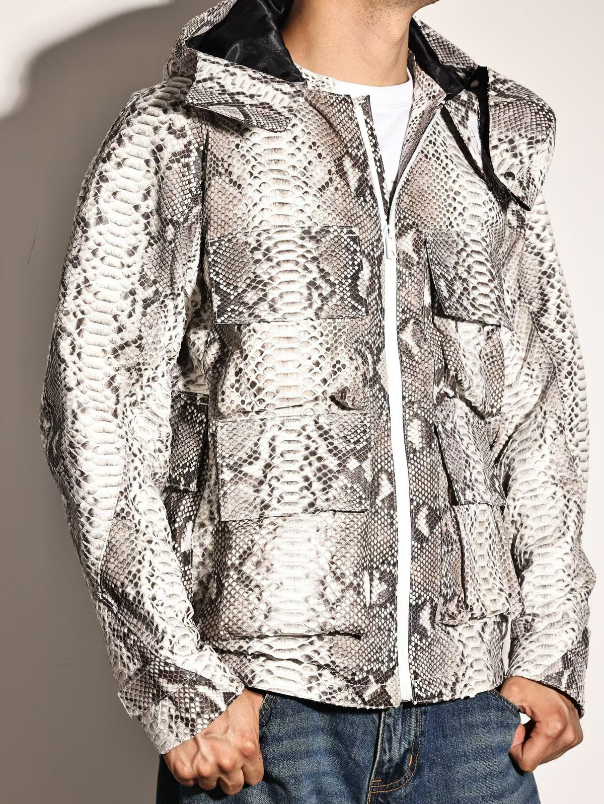 Python Leather Jacket , Mens Python Skin Leather Slim Fit Motorcycle Bomber Biker Jacket
