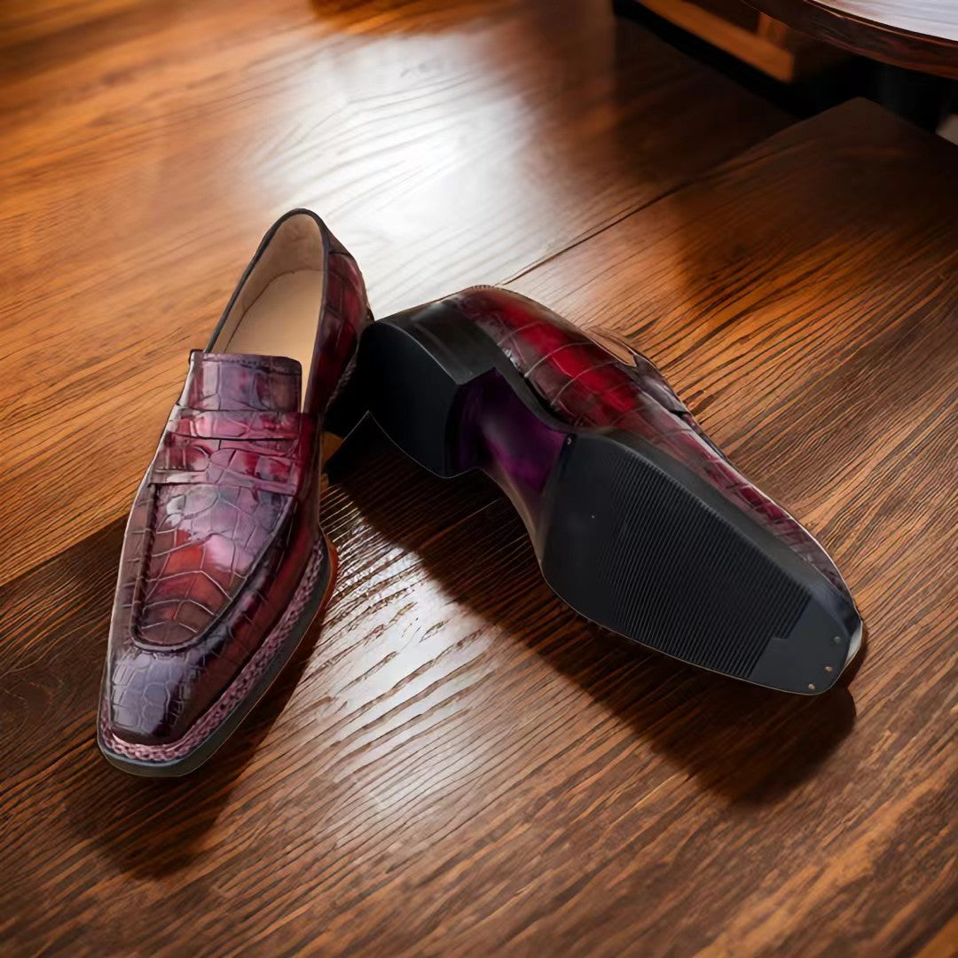 Crocodile Shoes, Men's Vintage Wine Red Crocodile Leather Slip-On Loafer Shoes