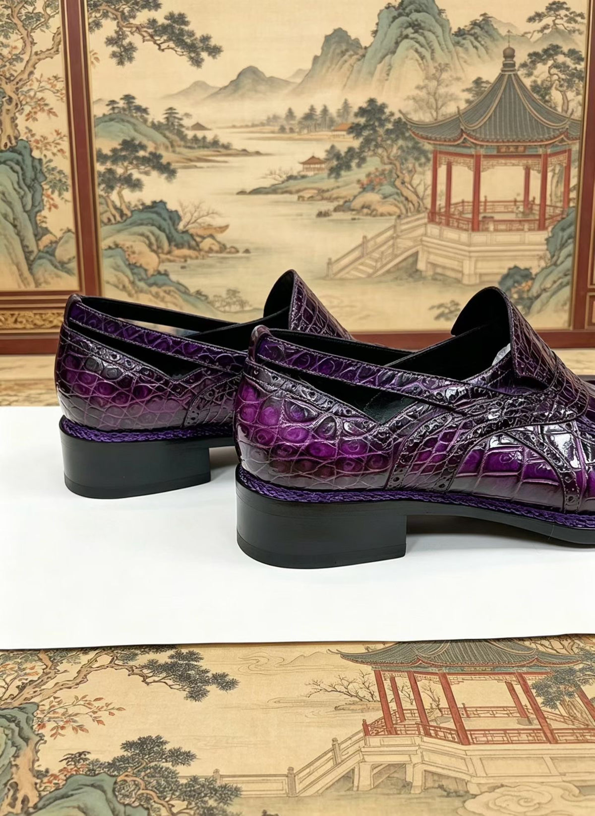 Crocodile Shoes, Crocodile Leather Norwegian Sewn Dress Loafer Shoes Vintage Purple