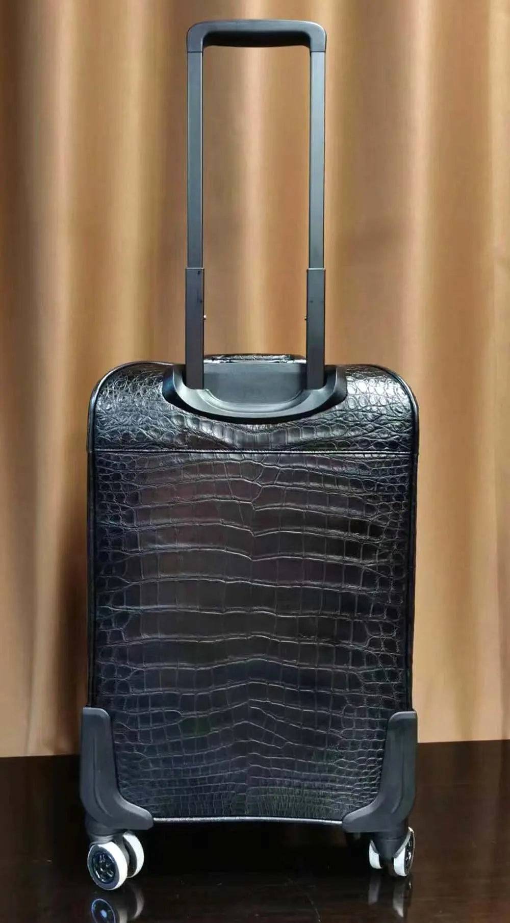 Rossie Viren black crocodile skin leather 20-inch trolley suitcase with universal wheels, travel bag, and roll-aboard style.