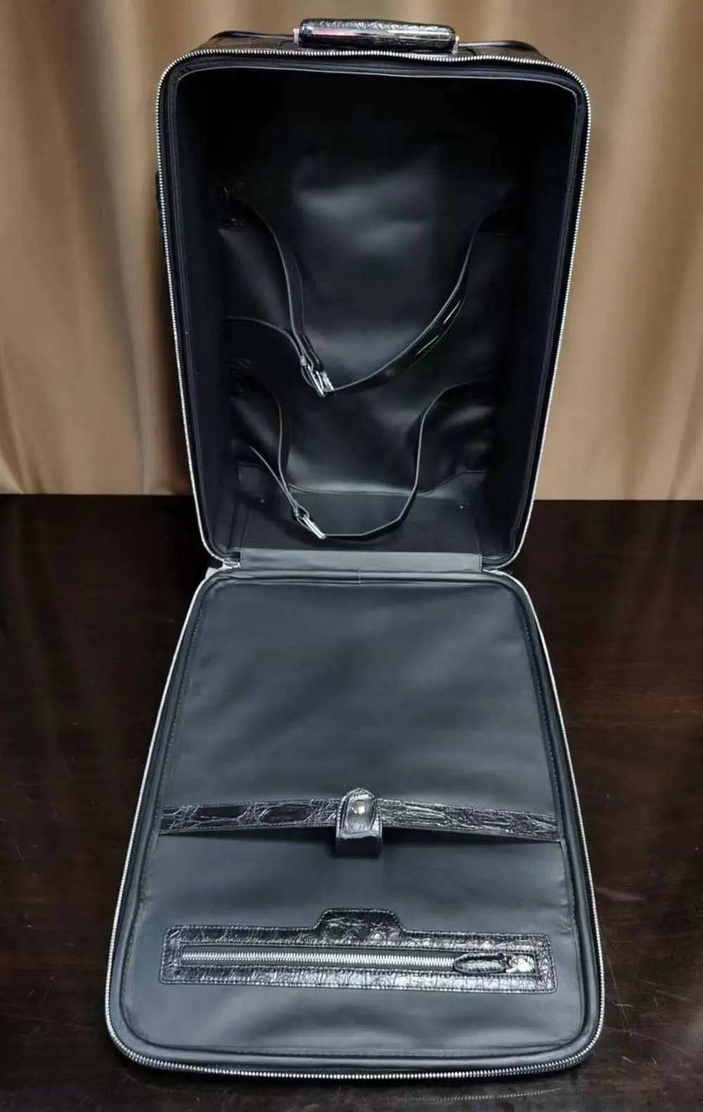 Rossie Viren black crocodile skin leather 20-inch trolley suitcase with universal wheels and rollaboard design for travel.