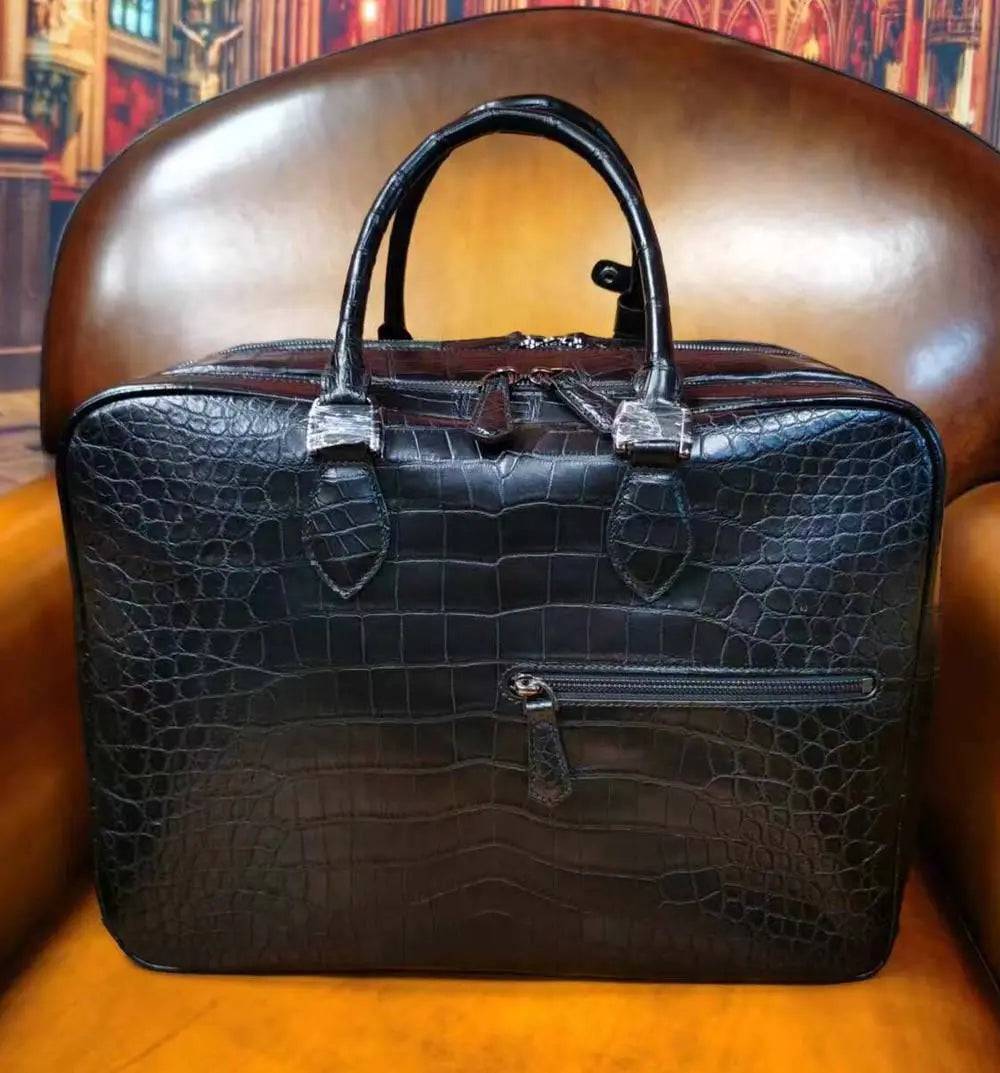 Rossie Viren crocodile skin leather 20-inch black suitcase with universal wheels, rollaboard travel bag, and trolley handle.