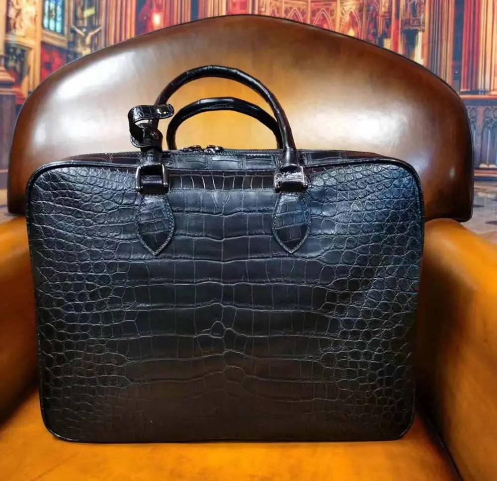 Rossie Viren 20-inch black crocodile skin leather suitcase with universal wheels, trolley handle, ideal for weekend travel.