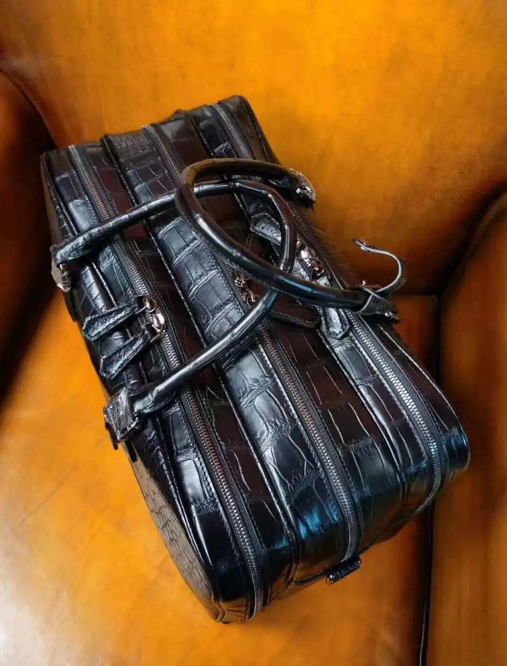 Black crocodile skin leather trolley suitcase with 20-inch size, universal wheels, and Rossie Viren branding for travel and weekend trips.
