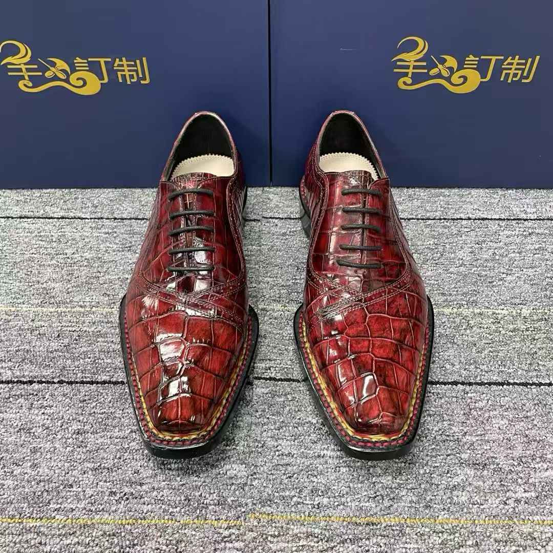 Crocodile Shoes, Men's Vintage Wine Red Norwegian Lace-Up Business  Shoes