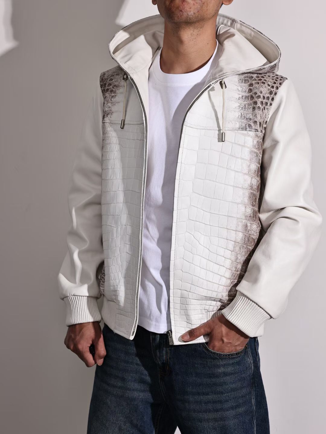 Men's Premium Himalayan Crocodile Skin Leather Hoodie Jacket , Genuine Lambskin Leather Hoodie Himalayan