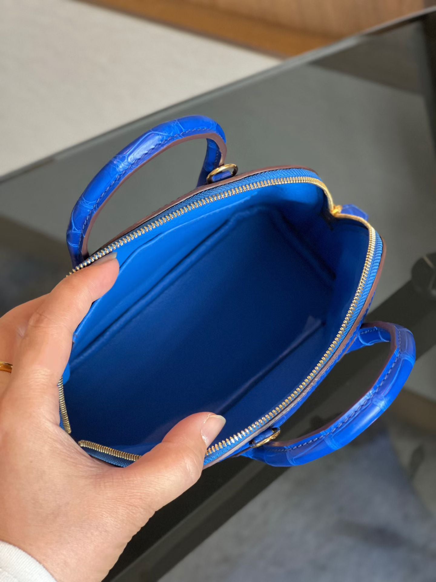 Womens Genuine Crocodile Skin Leather Cross Body Handle Bag Mini Blue