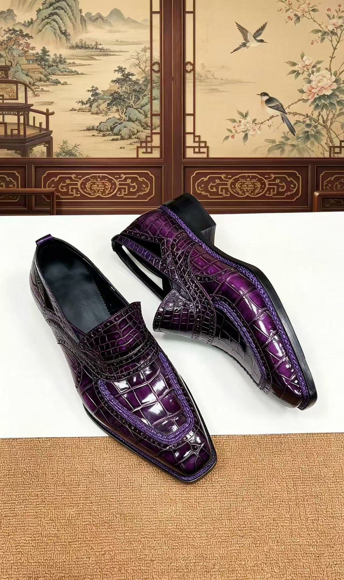 Crocodile Shoes, Crocodile Leather Norwegian Sewn Dress Loafer Shoes Vintage Purple