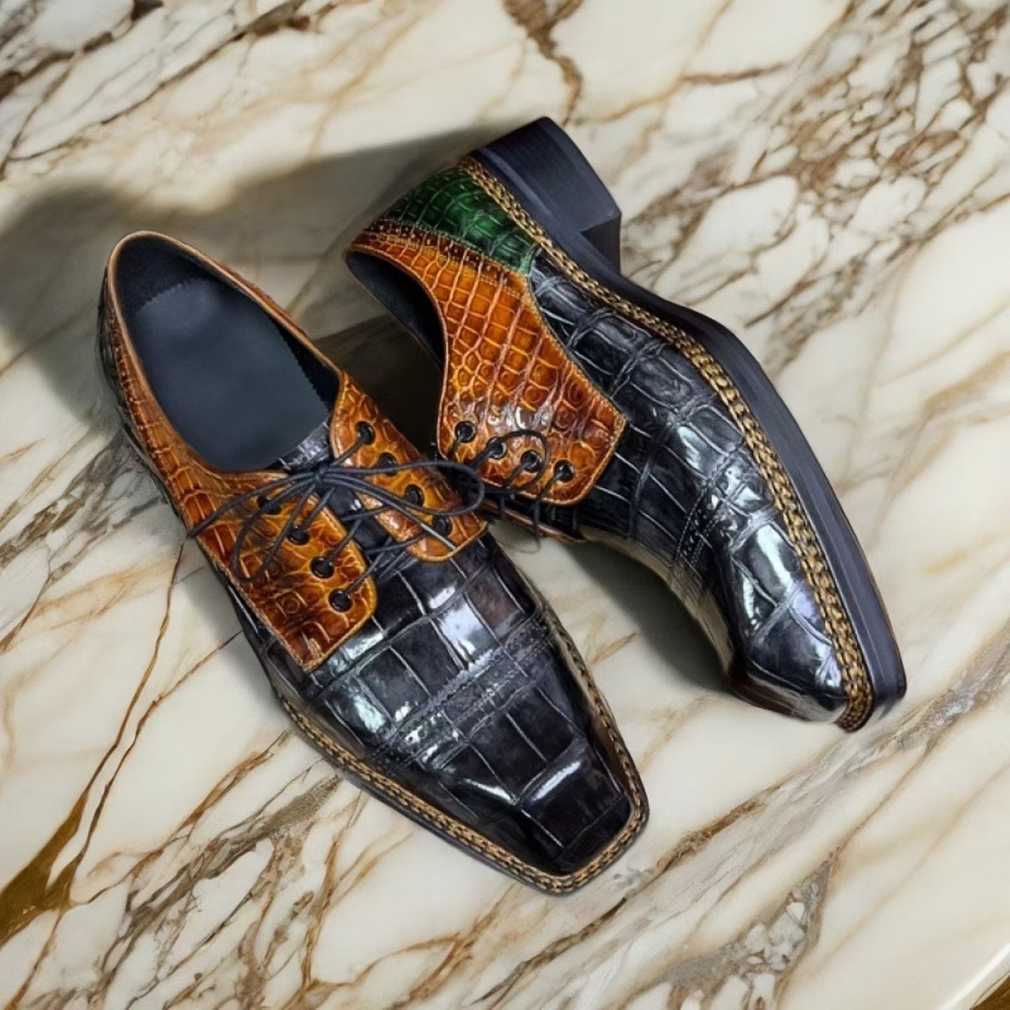 Vintage Rossie Viren crocodile leather dress shoes with Norwegian sewn lace-up design and polished crocodile texture.
