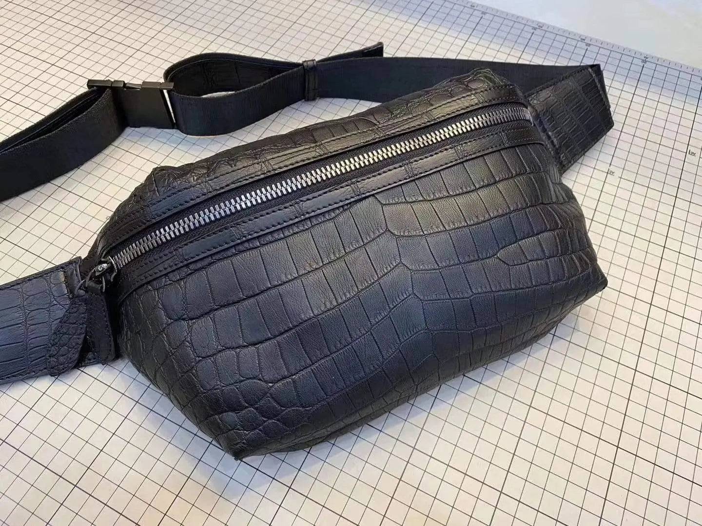 Unisex crocodile leather waist fanny pack with adjustable strap and multiple compartments, stylish handbag by Rossie Viren.