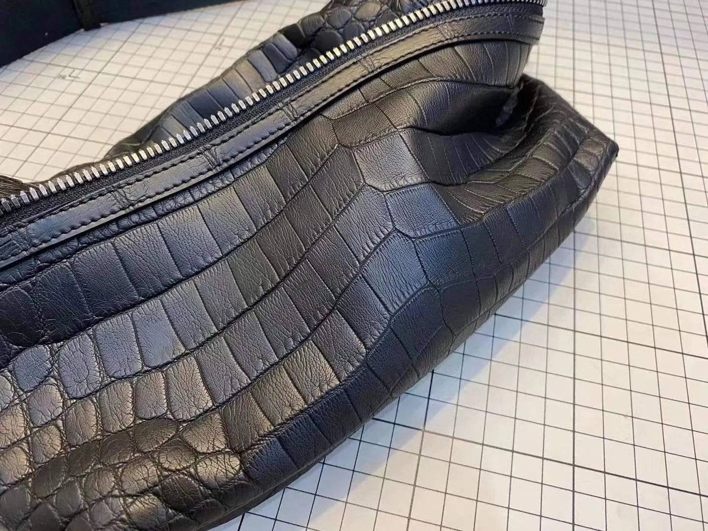 Unisex crocodile leather waist fanny pack by Rossie Viren, showcasing the stylish handbag with adjustable strap and textured crocodile pattern.
