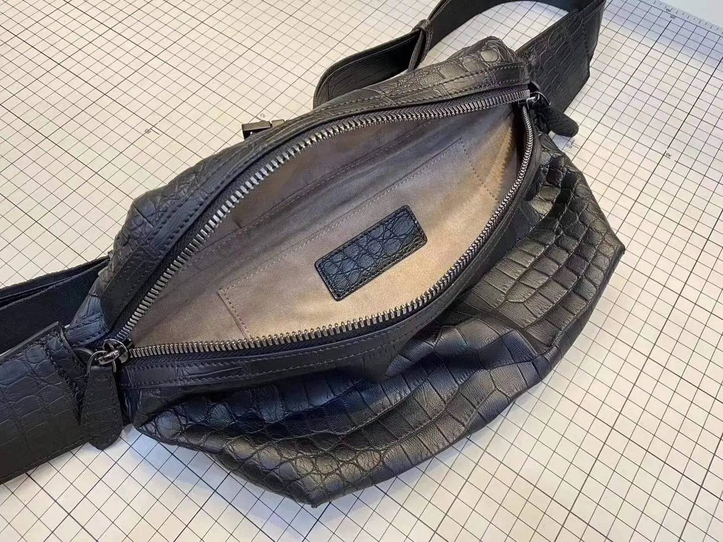 Unisex crocodile leather waist fanny pack by Rossie Viren, featuring a compact handbag design with adjustable strap and textured surface.