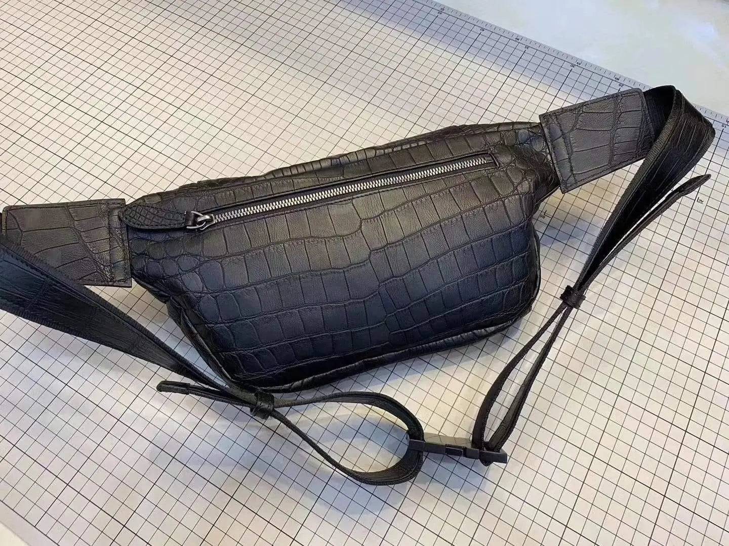 Unisex crocodile leather waist fanny pack by Rossie Viren, featuring a compact handbag design with adjustable strap and sleek finish.