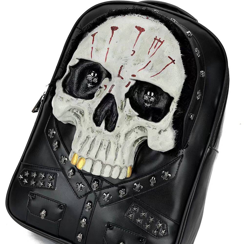 Rossie Viren 3D Skull backpack with studded design, hair accents, large laptop messenger bag for casual or school use.