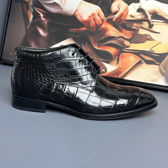 Black genuine crocodile leather boots by Rossie Viren, stylish crocodile shoes with detailed leather texture.