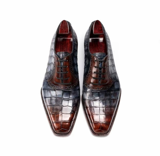 Crocodile Shoes, Genuine Crocodile Leather Lace Up Dress Shoes Beige