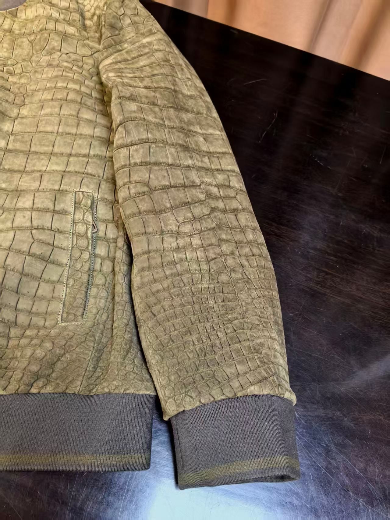 Men's Nubuck  Oliver Green Crocodile Skin Leather Jacket