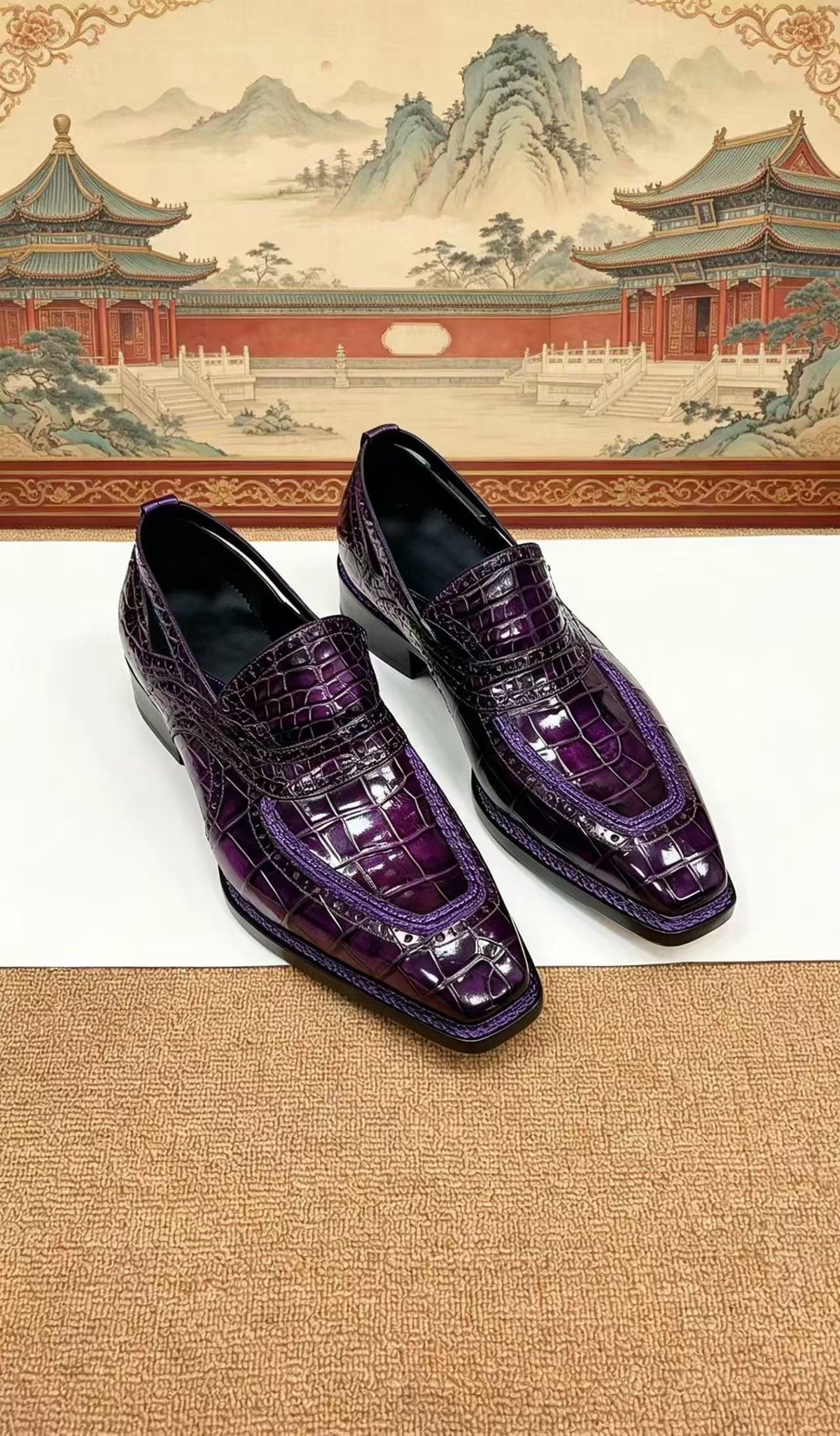 Crocodile Shoes, Crocodile Leather Norwegian Sewn Dress Loafer Shoes Vintage Purple