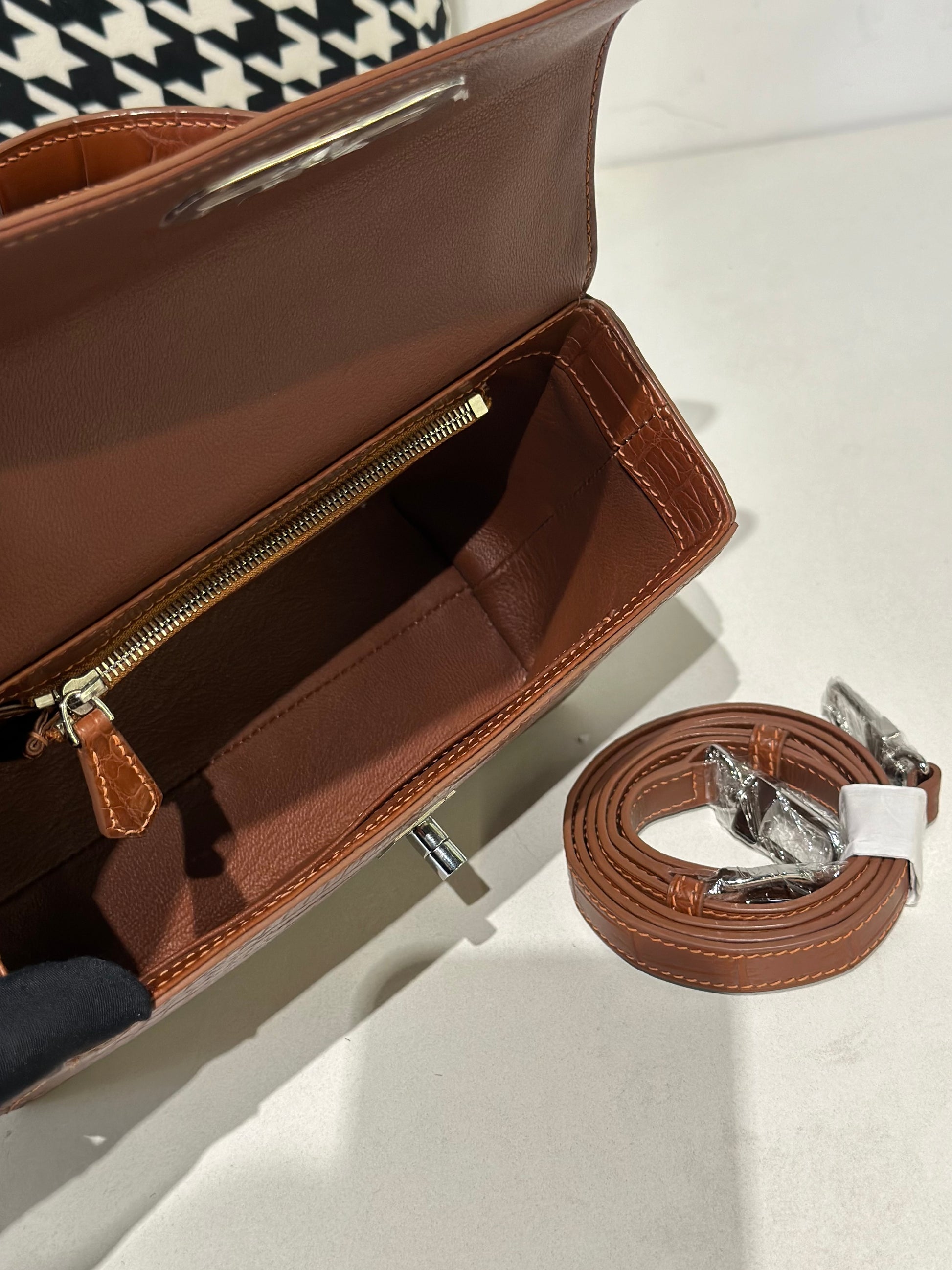 Crocodile Leather Top Handle Cross Body Bag Tan