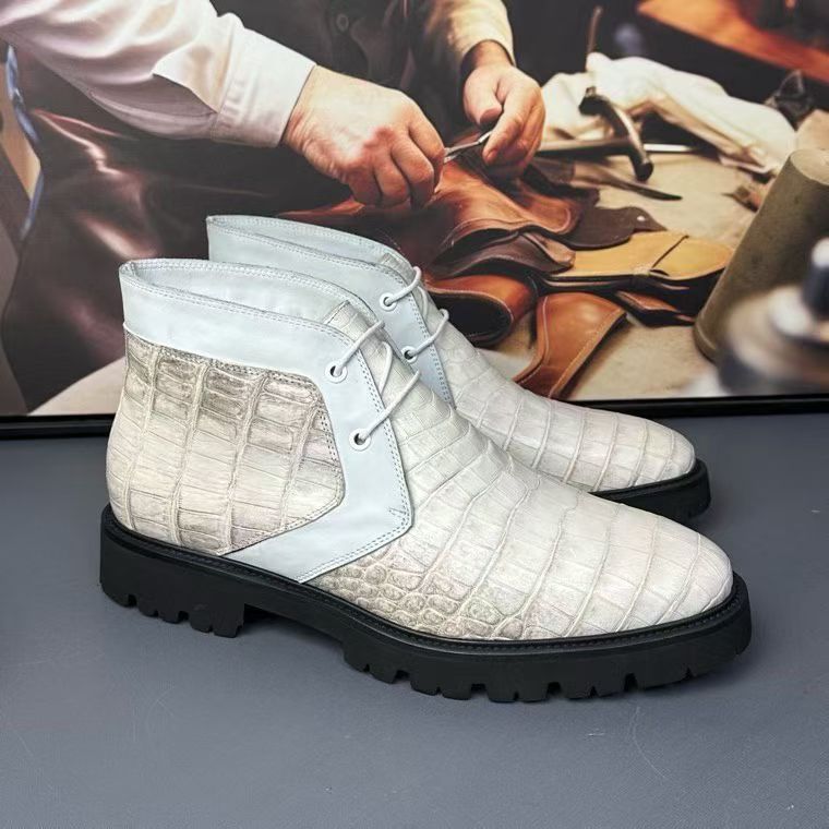 Genuine crocodile leather boots from Rossie Viren featuring rugged design and premium crocodile texture, Himalayan style shoes.