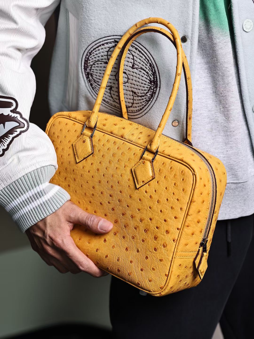 Womens Genuine Ostrich Skin Leather Top Handle Shopper Bags