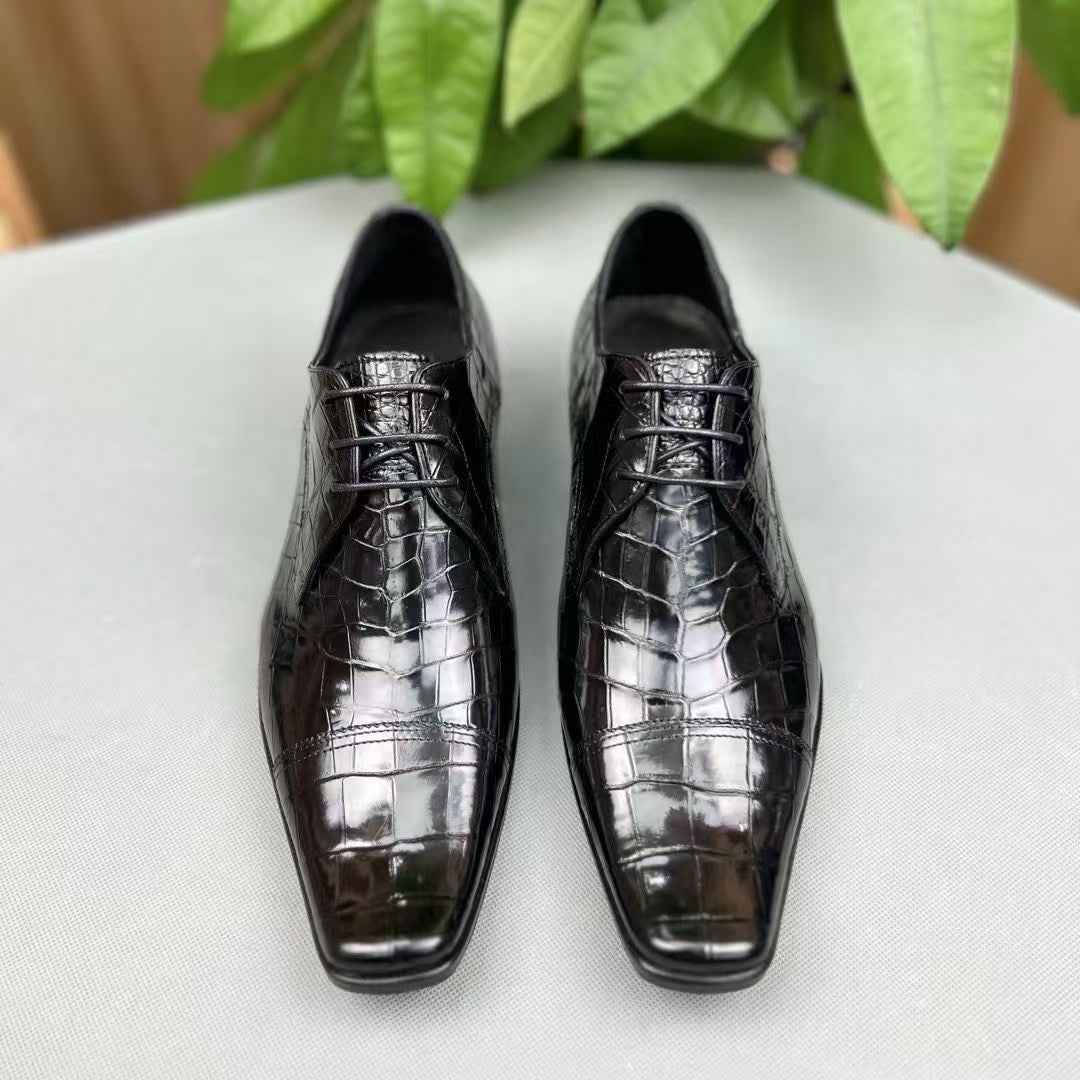 Men's black crocodile leather lace-up shoes by Rossie Viren, featuring a sleek, textured crocodile pattern and polished finish.