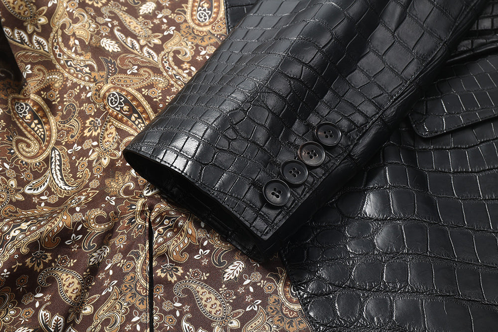 Men's crocodile leather blazer jacket by Rossie Viren, featuring a tailored fit and classic design in rich leather.