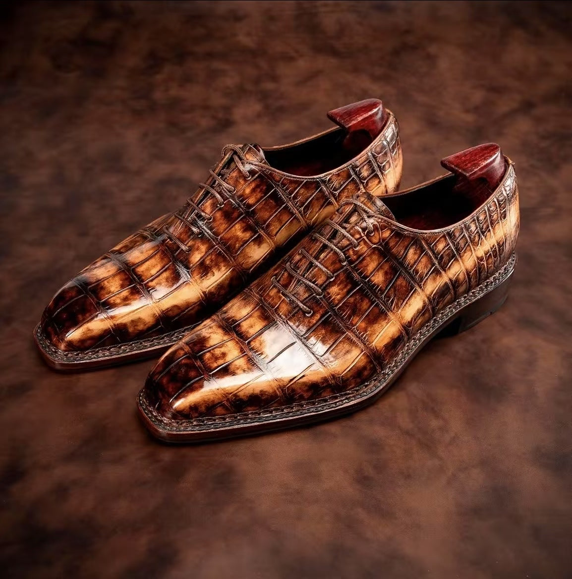 Rossie Viren crocodile leather Norwegian sewn lace-up dress shoes, showcasing detailed craftsmanship and sleek design.