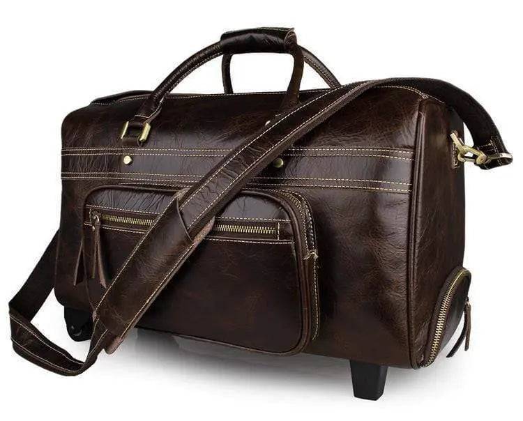 Vintage Brown Leather Wheeled Luggage Trolley Bags