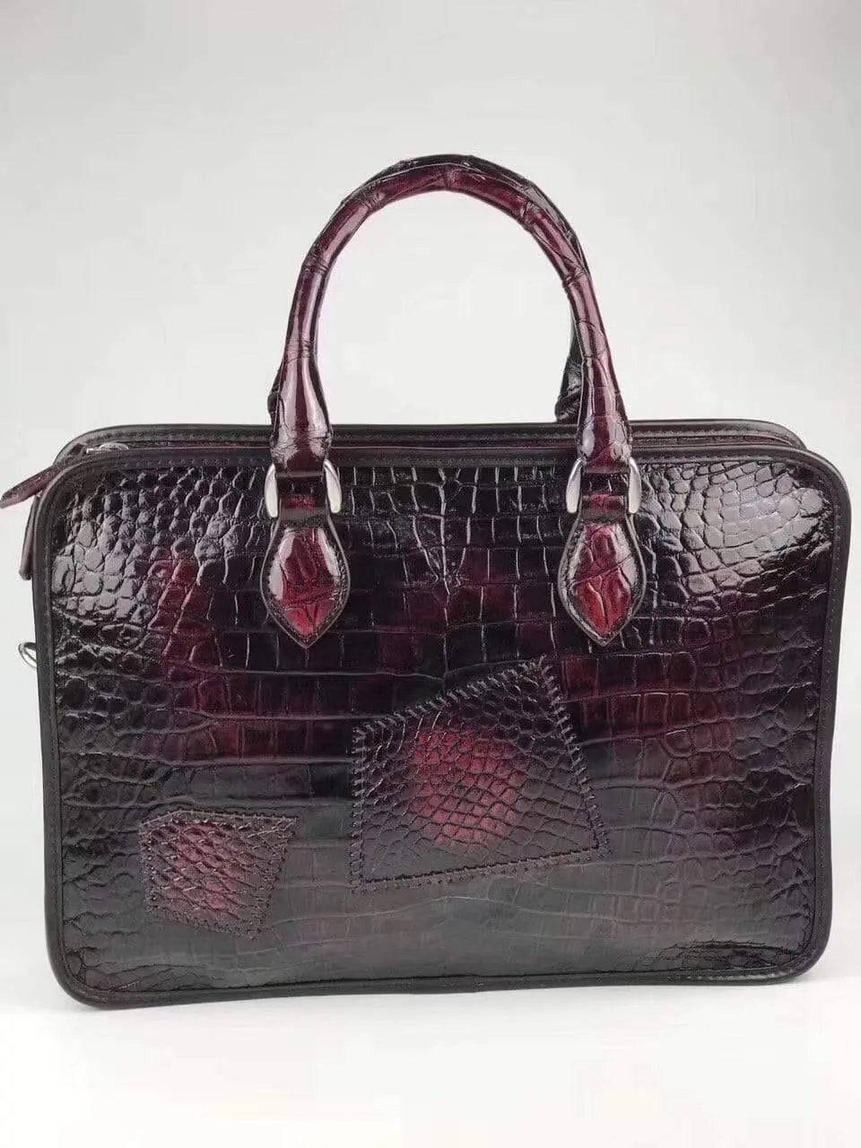 Vintage crocodile leather briefcase with top handles, Rossie Viren business bag featuring a classic, textured crocodile pattern.
