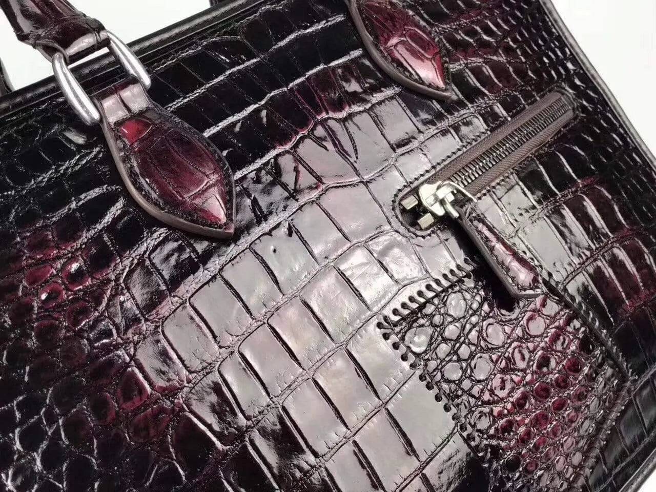 Vintage crocodile leather handbag with top handles, Rossie Viren business bag featuring a sleek, textured crocodile pattern.