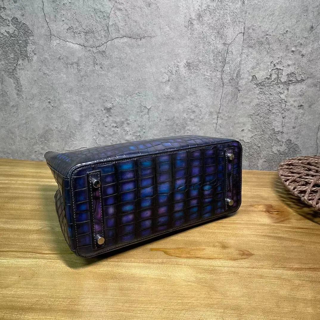Vintage Rossie Viren crocodile leather handbag with top handle, shoulder strap, tote style, in multi-blue, 30cm size.
