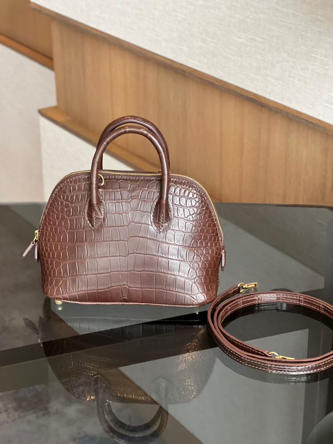 Womens Genuine Crocodile Skin Leather Cross Body Handle Bag Mini Brown