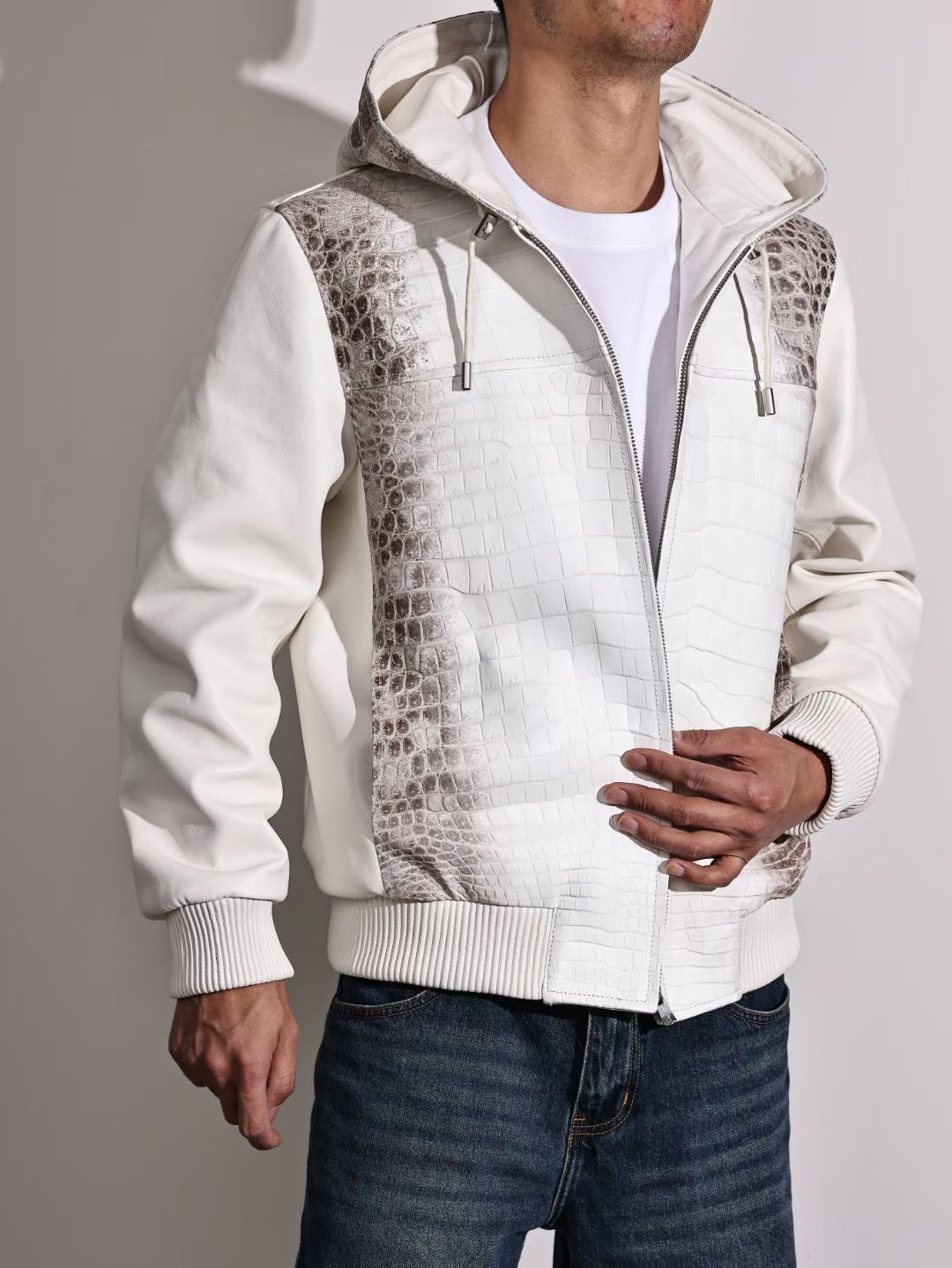 Men's Premium Himalayan Crocodile Skin Leather Hoodie Jacket , Genuine Lambskin Leather Hoodie Himalayan